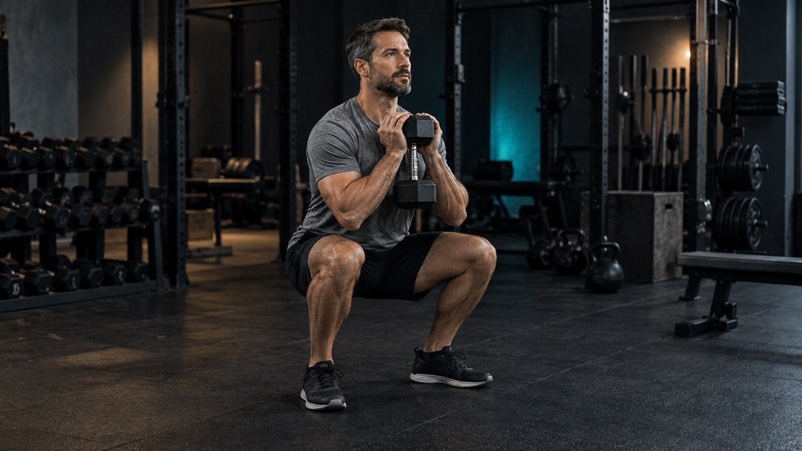 Athlete performing a goblet squat with a dumbbell